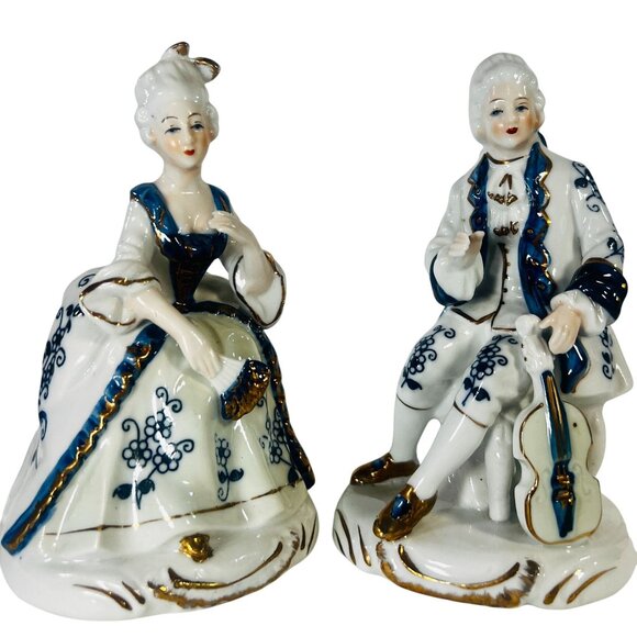 VtgArdco Porcelain Figurines Victorian Man Lady Violin Fan Blue White Gilded